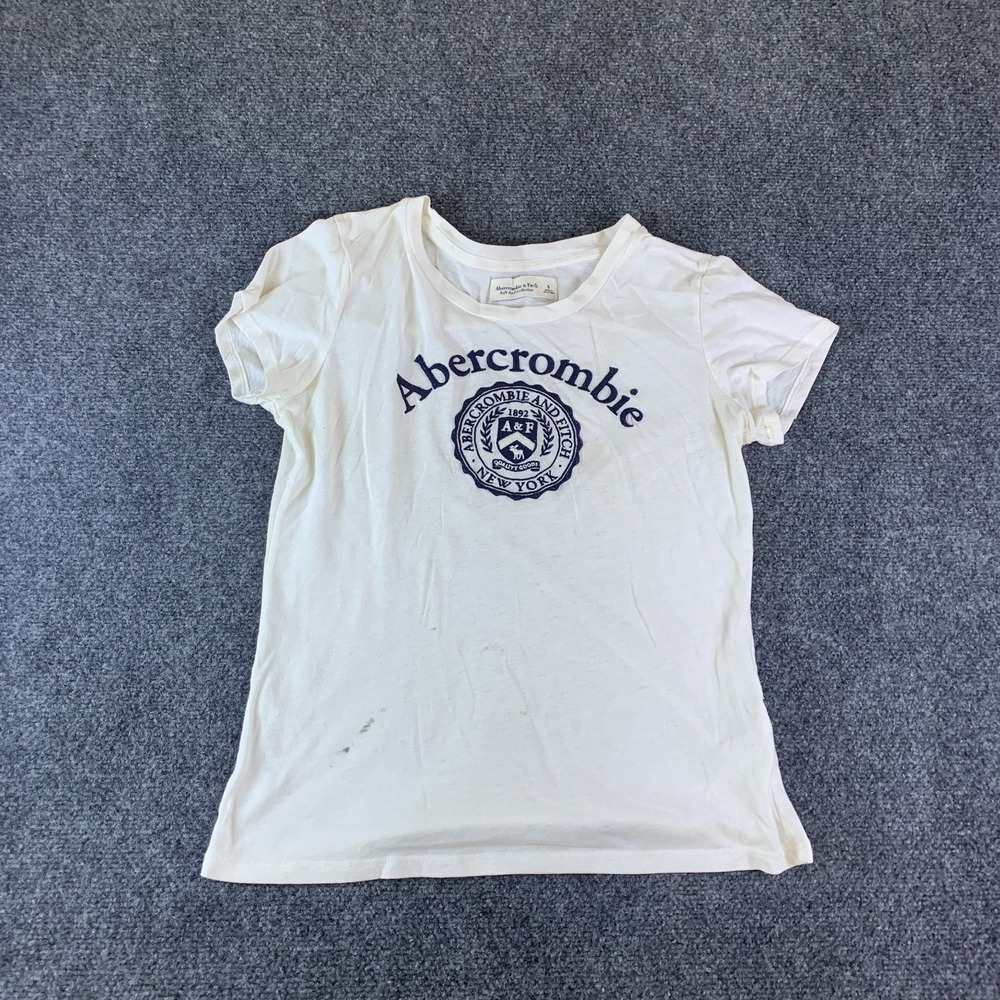 Abercrombie & Fitch Soft A&F Essentials T-Shirt Womens Small White Logo Pullover